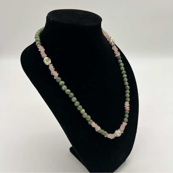 Vintage Jade & Rose Quartz Beaded Necklace – Cloisonné Floral Beads - Picture 2 of 7